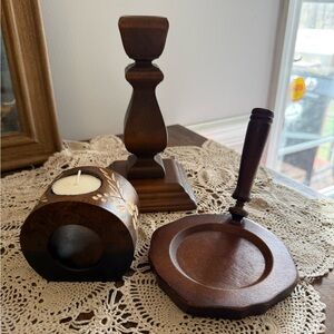 Vintage Grandmacore wood candlestick a smaller candle holder and a crumb butler.